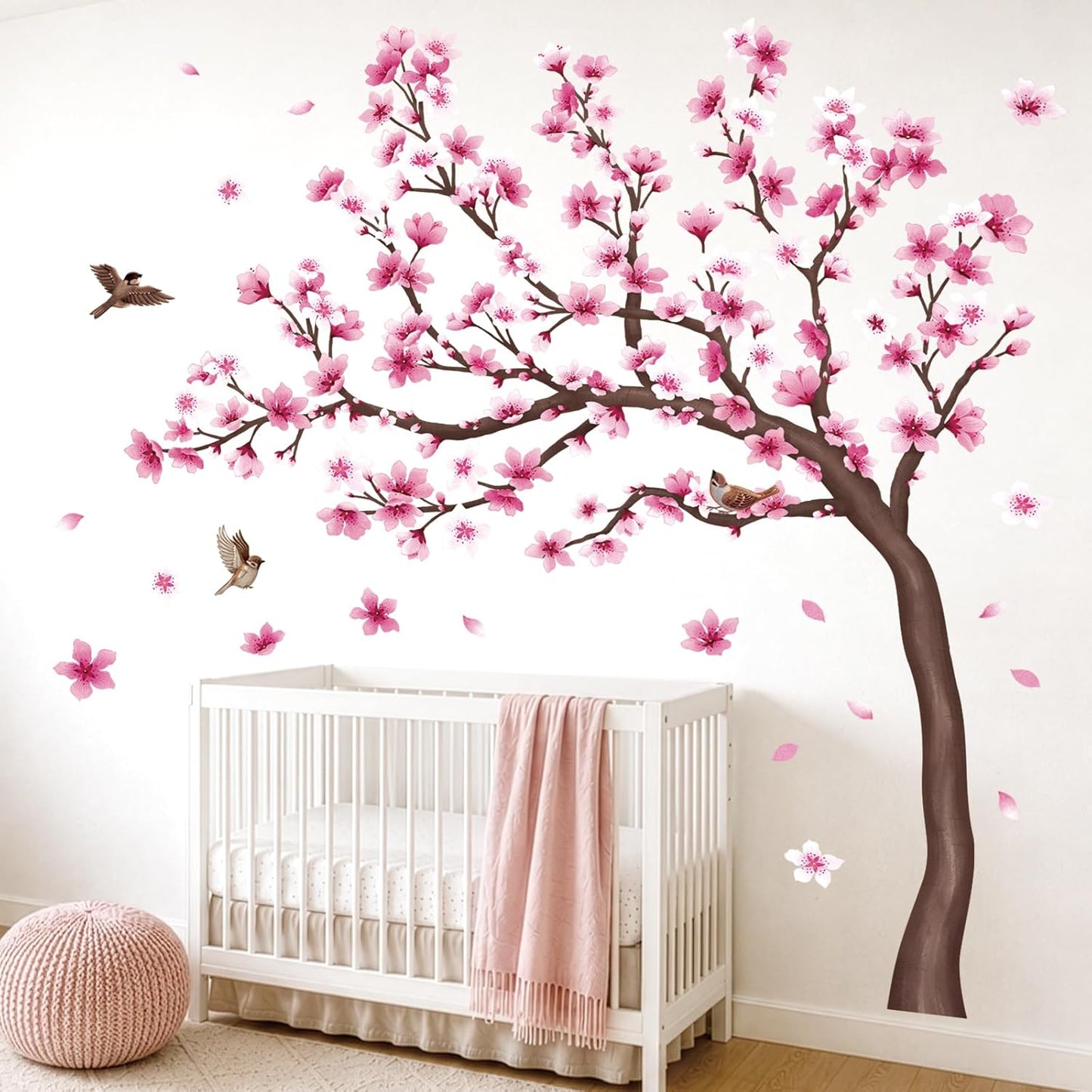 DECOWALL Cherry Blossom Tree Wall Stickers Decals Kids Room Bedroom Living Flower Branch Décor Pink tv Birds Art Background Peel and Stick (SG4-2431)