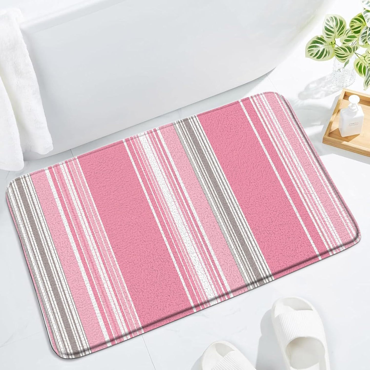 Pink Striped Bath Mat for Bathroom Modern Abstract Pink Vertical Stripes Neutral Modern Simple 15.7x23.6 Inches Polyester Fabric Bathroom Rugs