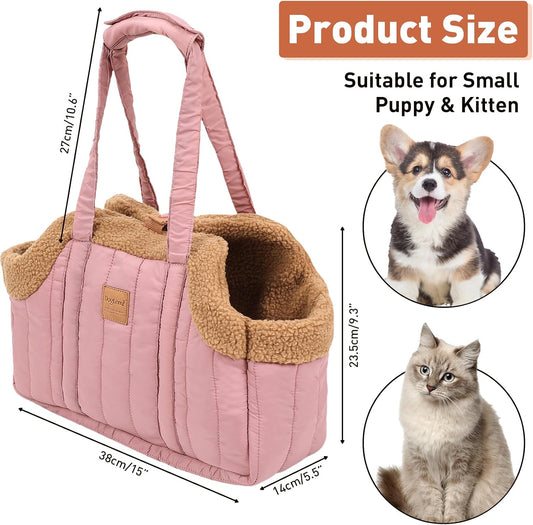 ETIAL Small Dog Carrier Purse, Winter Fleece Warm Dog Tote Bag Carrier with Secure Harness Clip for Puppy Kitten, Waterproof Pet Travel Handbag for Shopping, Hiking and Walking (Pink)