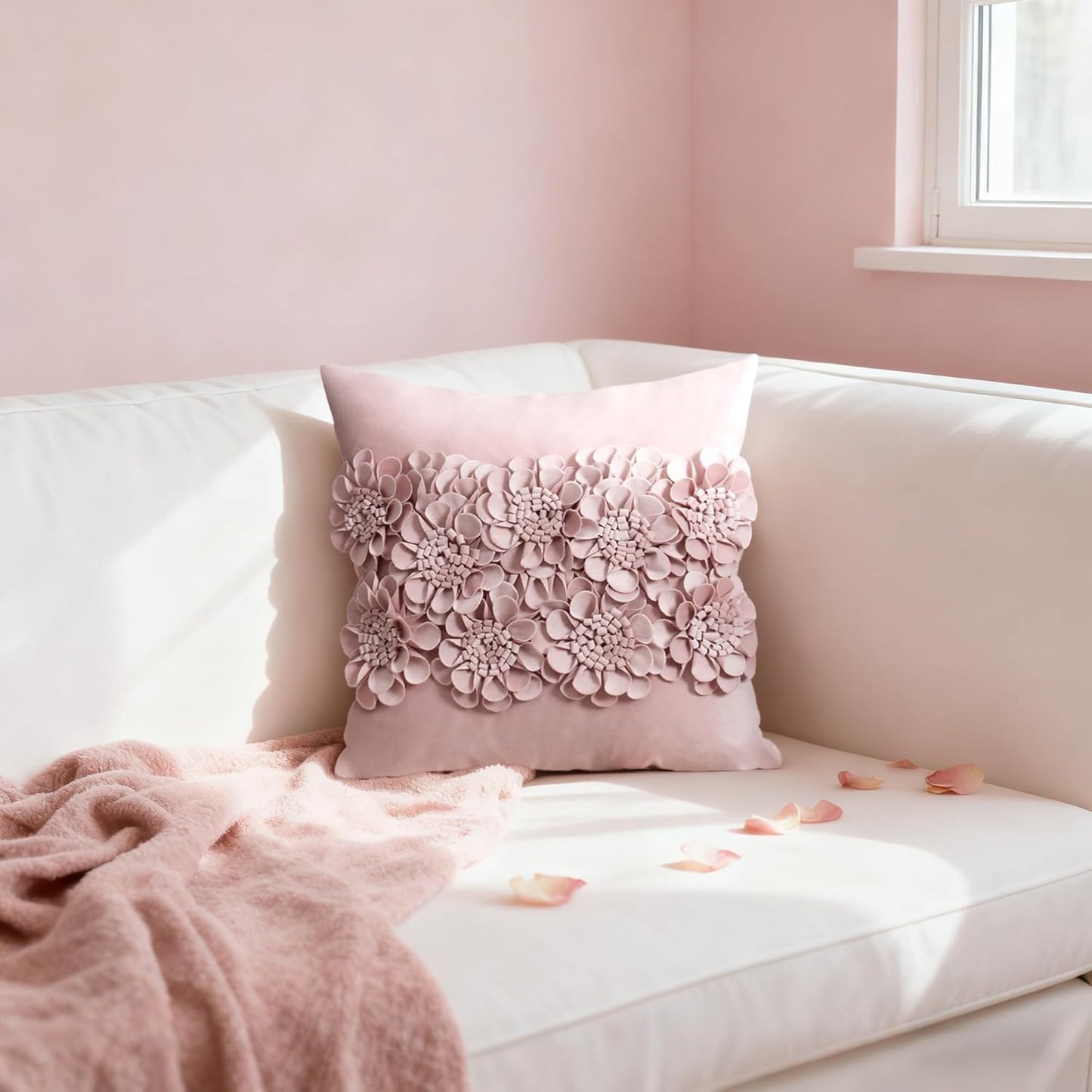 JWH Handmade 3D Flower Throw Pillow Covers Aesthetic Decorative Floral Accent Pillow Cases Stereo Velvet Pillowcase Cute Cushion for Car Bed Couch Bedroom Decor 18x18 Inch Dusty Pink