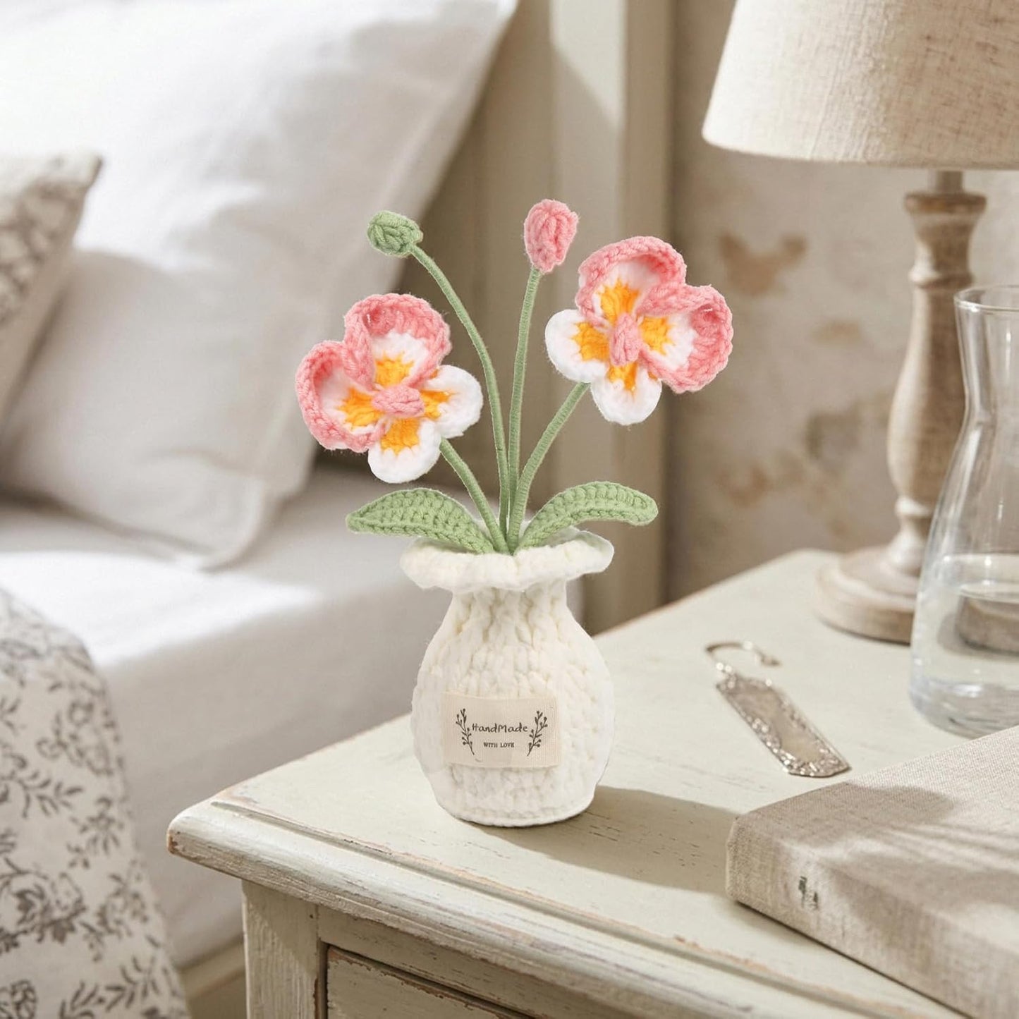 Cute Mini Crochet Orchid Potted Plants Handmade Knitted Artificial Phalaenopsis Orchid Flowers for Desk Accessories Graduation Appreciation Birthday for Women(Pink)