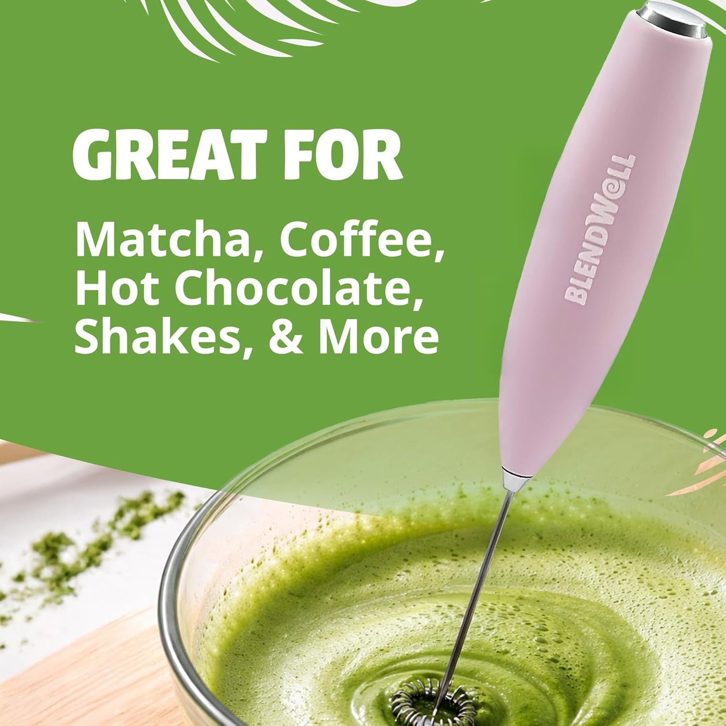 BlendWell Electric Milk Frother for Matcha and Coffee, Handheld Battery Operated Drink Mixer with Stand, Stainless Steel Whisk, Rose Pink