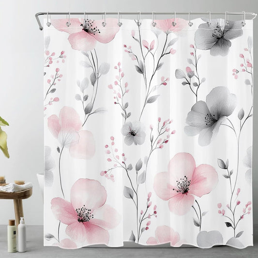 LB Summer Pink Floral Shower Curtain for Bathroom, Vintage Botanical Pink and Gray Flower Fabric Shower Curtain with Hooks,Watercolor Wildflwer Bathroom Curtain Shower Set,72" W x 72" L
