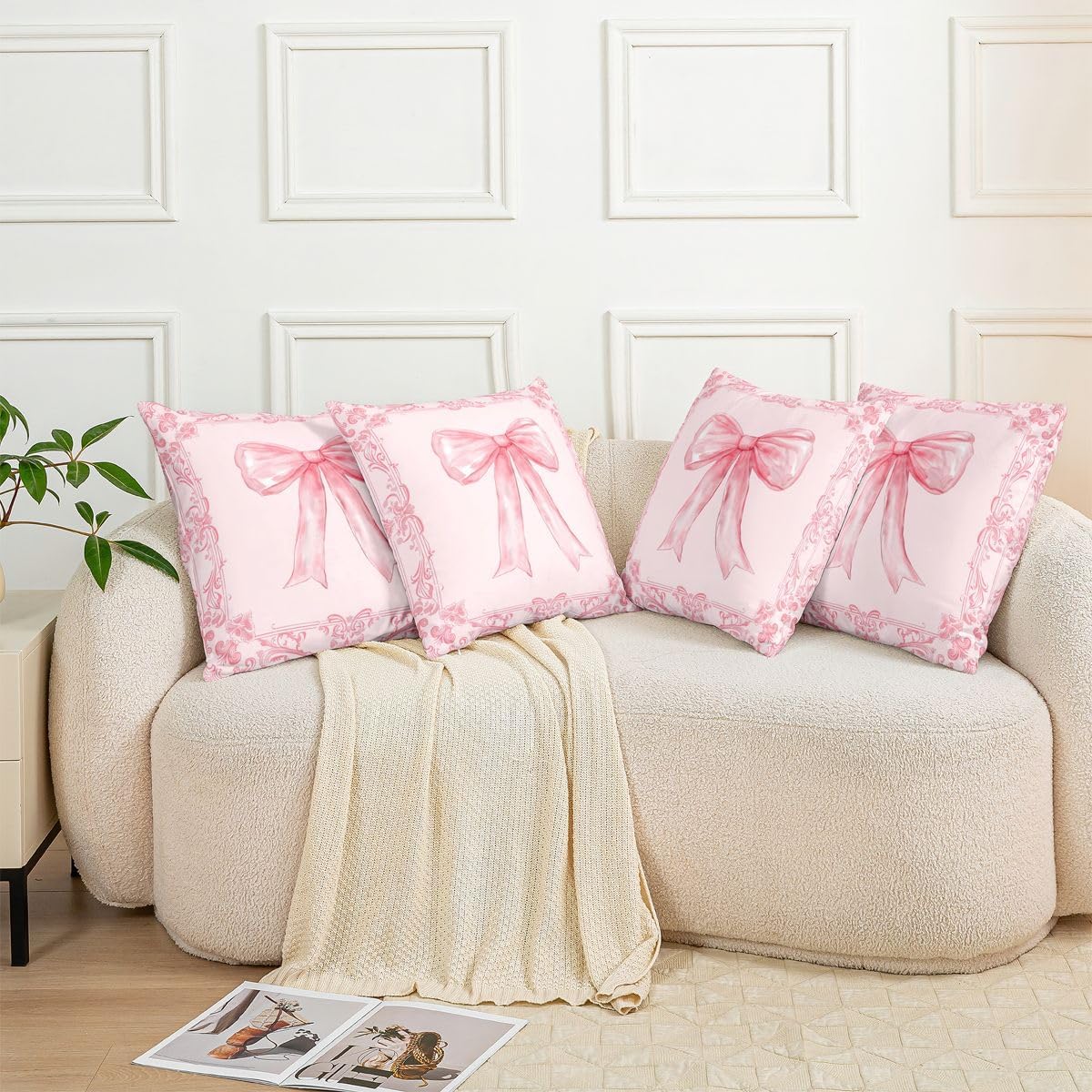 Manfei Bowknot Kids Throw Pillow Cover Retro Victorian Damask Flowers Pillowcase Soft Square Cushion Case Dreamy Ribbon Bow Double Sides Pillow Case Light Pink Couch Sofa Cushion Cover,1 Pack 16"x16"
