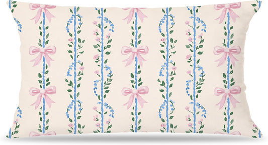 Pink Coquette Bow Floral Lumbar Pillow Covers 12x20 Double-Sided, Cottagecore Preppy Room Decor, Girly Bedroom Decor, Preppy Beige Throw Pillow Covers for Girls Bedroom Dorm Apartment