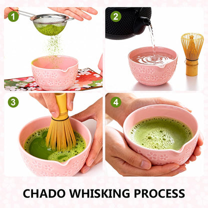 GarveeHome Japanese Matcha Tea Set – 8-Piece Chawan Ceremony Kit with Ceramic Spout Bowl, Wooden Whisk, Scoop, Sifter, Holder, Tea Towel – Great for Beginners & Enthusiasts – Pink, 24×17.5×10.5cm