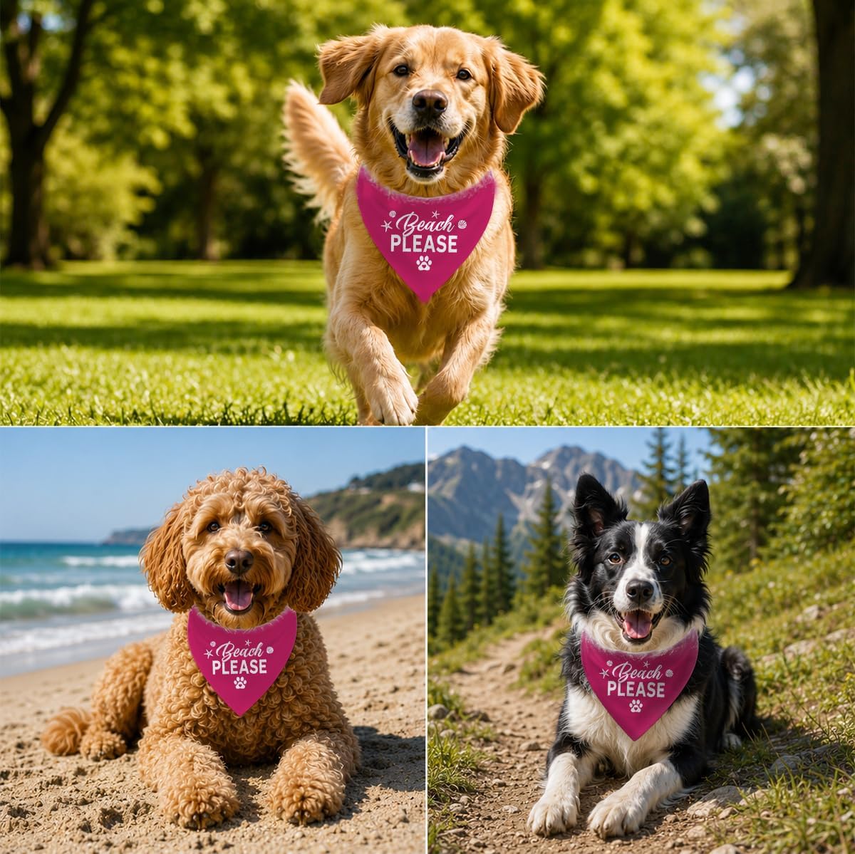 Beach Please Dog Bandana, Summer Pet Triangle Scarf for Beach Vacation Pool Party Photo Outfit, Hot Pink Neckerchief for Small Medium Dogs