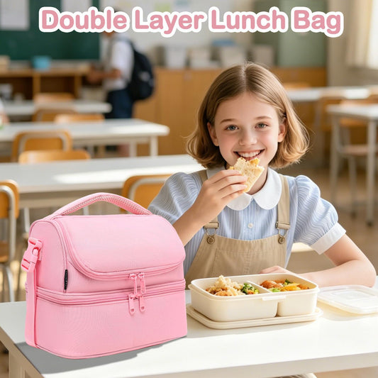 FlowFly Double Decker Cooler Insulated Lunch Bag Large Tote for Boys, Girls, Men, Women, With Adjustable Strap,Pink