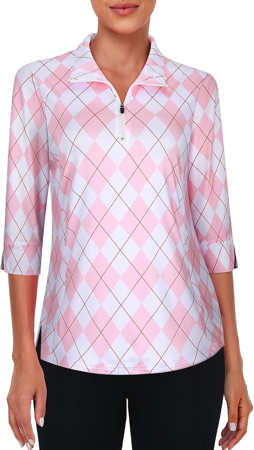 Viracy Women's Golf Shirts 3/4 Sleeve Sun Protection Quarter Zip with Zipper Pockets Athletic Polo Workout Tops S-2XL