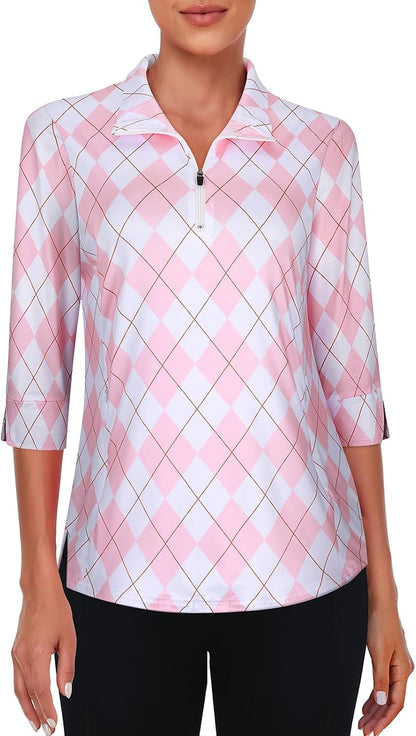 Viracy Women's Golf Shirts 3/4 Sleeve Sun Protection Quarter Zip with Zipper Pockets Athletic Polo Workout Tops S-2XL