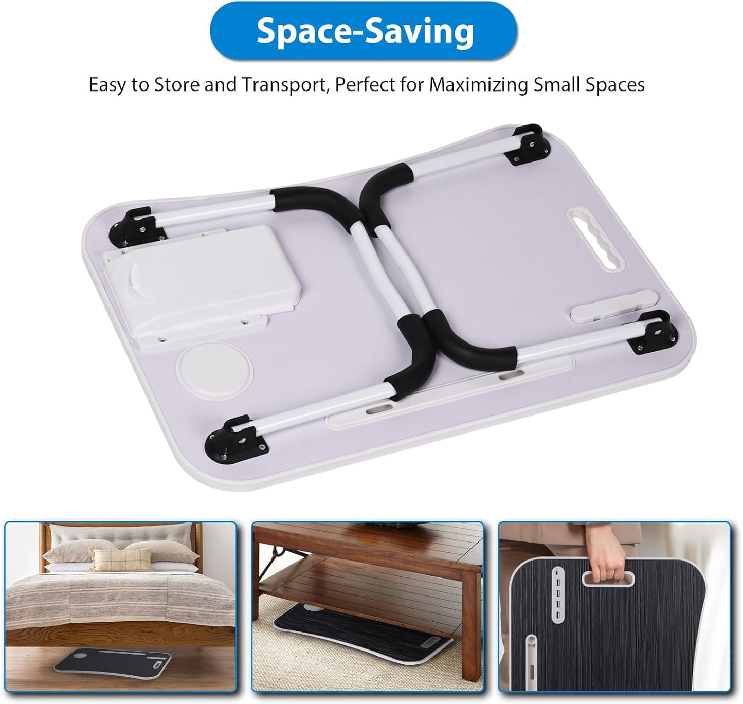Portable Bed Desk, Foldable Laptop Desk with 4 USB Charge Port/Cup Holder/Tablet Slot/Storage Drawer, Folding Lap Table for Working, Writing, Drawing and Eating (Pink)