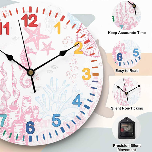 Wall Clock Pink Coral Clocks PVC Silent Non-Ticking Battery Operated Colorful Teaching Starfish Seahorse Seahorse Shell Round Clock for Kids Room Living Room Bedroom Office School Wall Decor 14 Inch