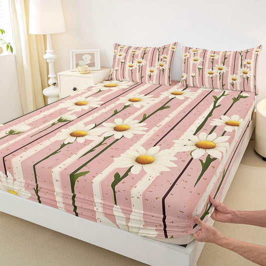 Manfei Stripe Daisy Fitted Sheet Set Floral Cottagecore Bedding Set for Kids Bedroom Sweet Girly Leaves Stems Bed Sheet Set 2pcs Deep Pocket Mattress Cover,No Top Flat Twin Peach Pink