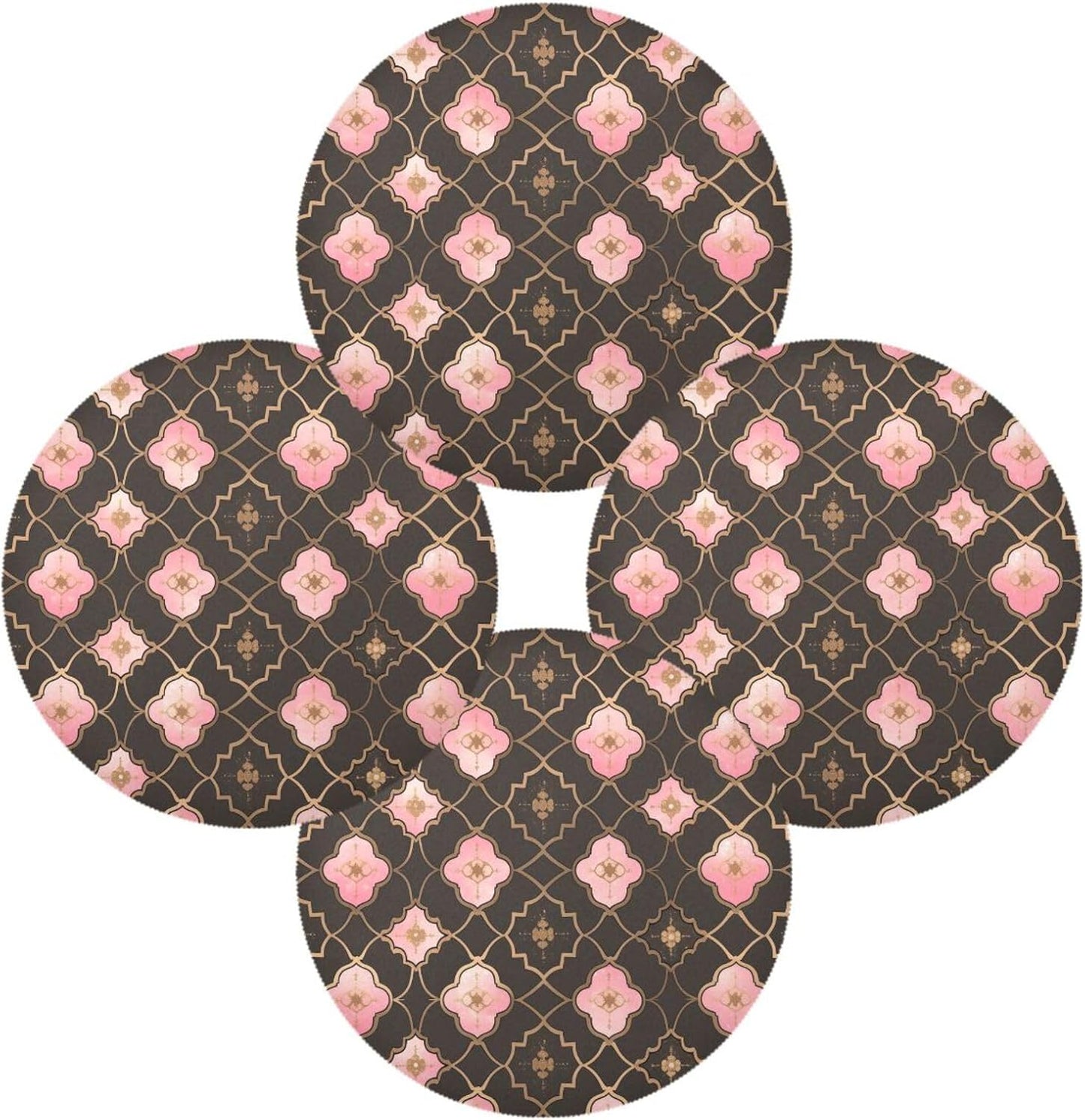 Quatrefoil Pattern Peach Gold Circle placemats Reusable Chalkboard placemats Faux Leather placemats for Dining Table placemats Easy to Clean Waterproof 6 Piecing placemat Set 15.4x15.4in