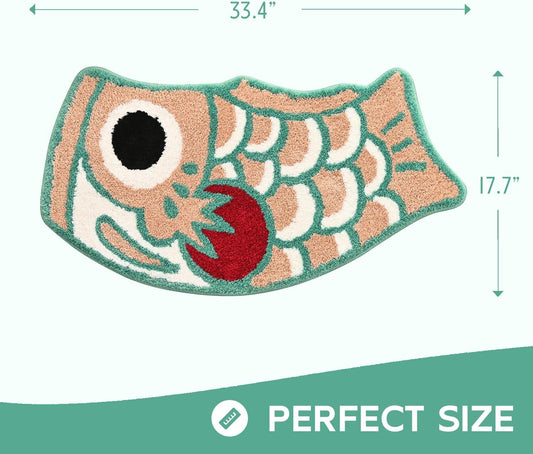 Cute Fish Bath Mat for Bathroom, Japanese Style Koi Flag Soft Non-Slip Mats, Pink Green Water Absorbent Shower Rug, Machine Washable Floor Carpet