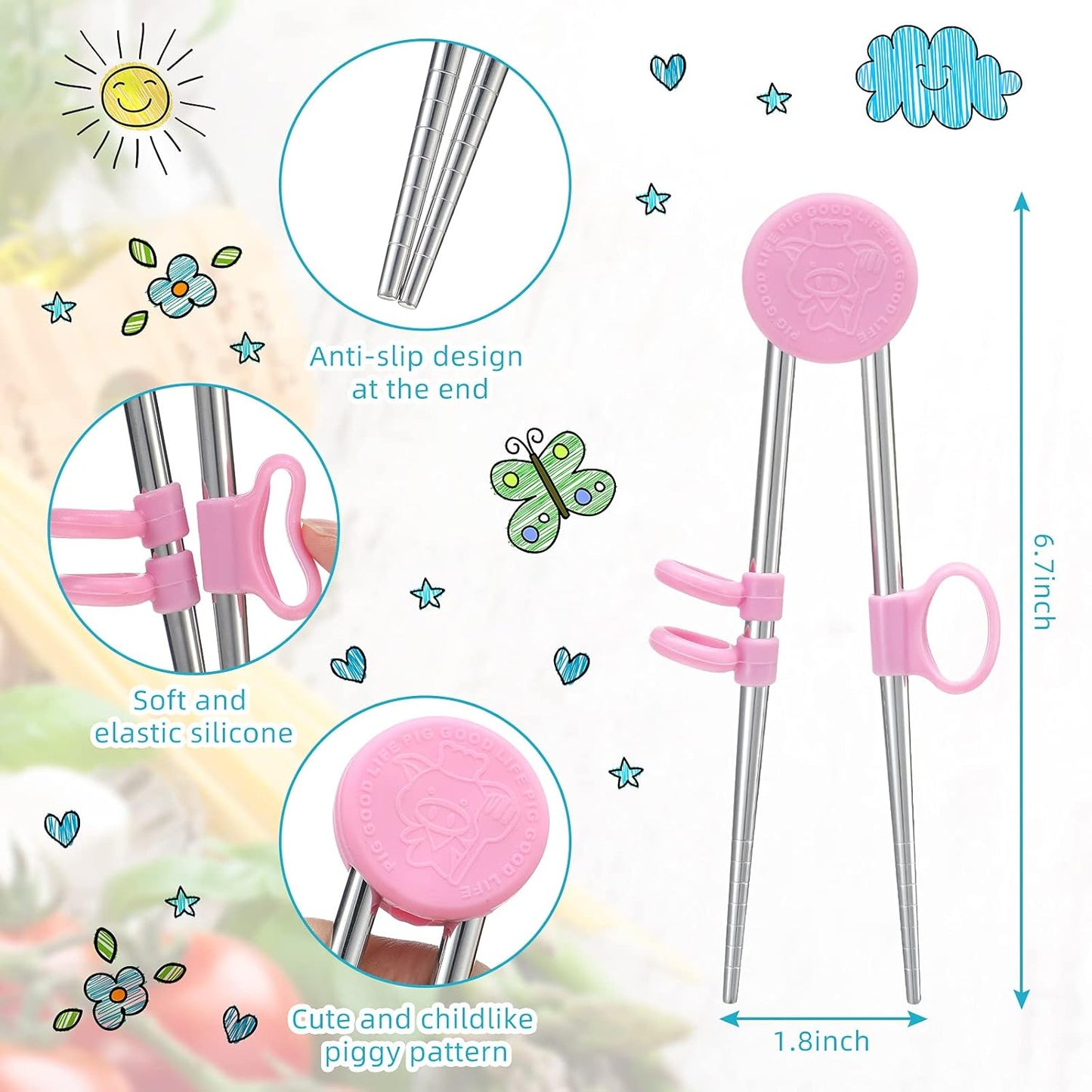 Patelai 2 Pairs Training Chopsticks for Kids, Children Learning Stainless Steel Reusable Metal Chopsticks Helper(Blue, Pink)