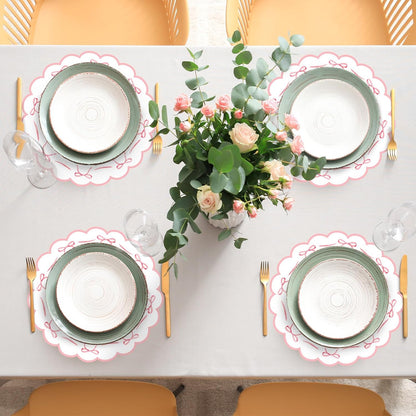 FYSUIMU Pink Bow Plastic Placemats Mother's Day Bowknot Coquette Table Mats Scalloped Place Mats for Wedding Birthday Baby Shower Bachelorette Party Kitchen Supplies, 6Pcs