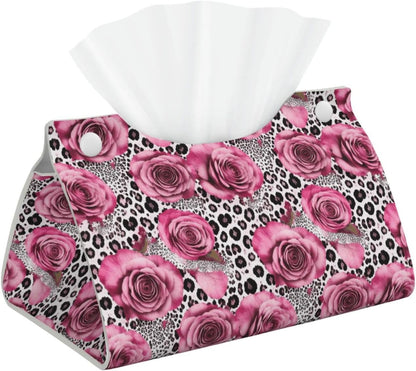 Pink Rose Leopard Tissue Box Leather Rectangular Waterproof Organizer Decoration