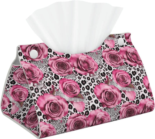 Pink Rose Leopard Tissue Box Leather Rectangular Waterproof Organizer Decoration