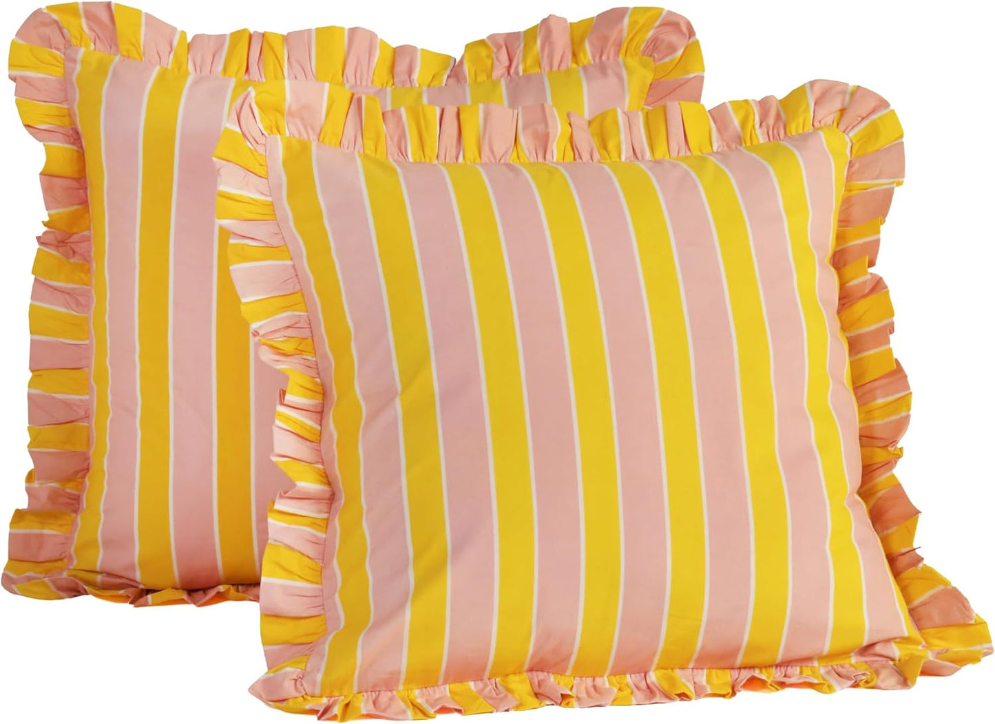 Hand Printed, Artisan-Made Neutral Accent Throw Cushion Cover- Thick Cotton Cushion for Sofa, Bed, Chair, Home Decor, Gifting, Spring Vibe, Boho- Stripe (2, Pink & Yellow, 20"X20")