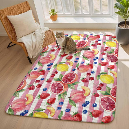 Living Room Rug Summer Peach Lemon Grapefruit Area Rug Washable Rugs for Bedroom Dining Room, Blueberry Strawberry Pink Stripe Non-Slip Absorbent Floor Carpet Area Rugs 63x91in
