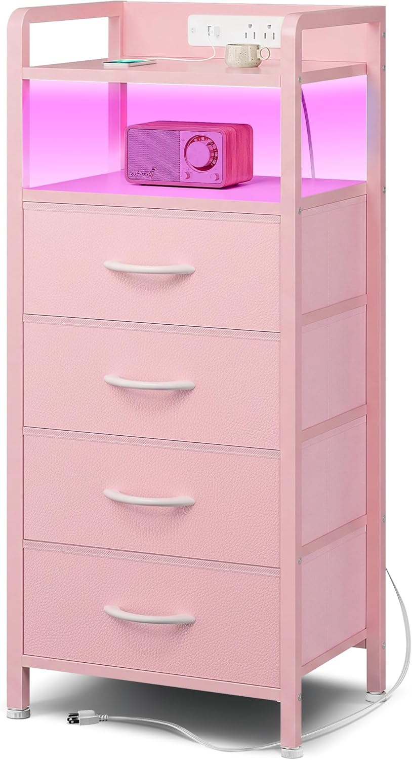 Lazzanto Night Stand Bedside Charger Bedroom - Nightstand with Charging Station & LED Light Strip, Night Stand with Storage Shelf & 4 Fabric Drawers, Morden End Table with USB Ports&AC Outlets,Pink