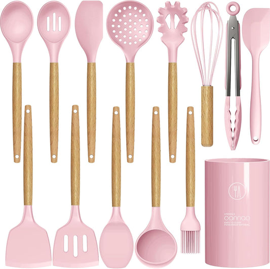oannao Silicone Kitchen Utensils Set - 446°F Heat Resistant Cooking Utensil Sets, Spatula,Turner,Tongs,Spoon,Whisk, Wooden Handle Silicone Kitchen Gadgets Tools for Non-Stick Cookware BPA Free (Pink)