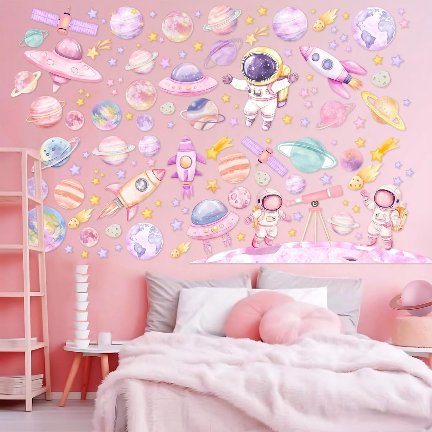 2pcs Outer Space Wall Stickers for Girl Outer Space Wall Decorations Pink Astronaut Planet Decal Solar System Birthday Decoration Galaxy Rocket Cling Sticker Galaxy Astronaut Party Home Decor
