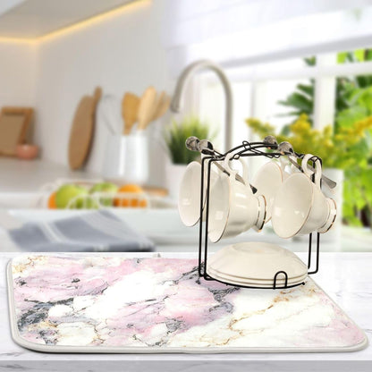 JIPONI Dish Drying Mat for Kitchen Counter,White Pink Marble 16'x18' Super Absorbent Kitchen Mat, Multi-Functional Draining Racks Pad Coffee Mats
