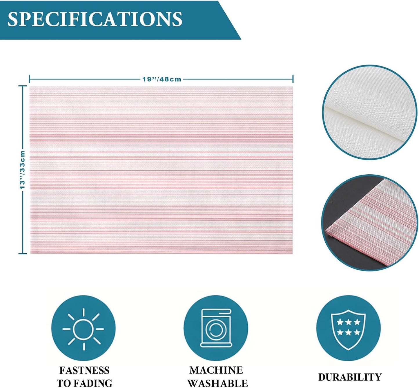 Pink Stripes Placemat Set of 6 Non-Slip Placemats for Dining Table Classic Striped Lines Washable Table Mats, Heat Resistant Kitchen Table Mats for Party, Dining Room & Home Decor