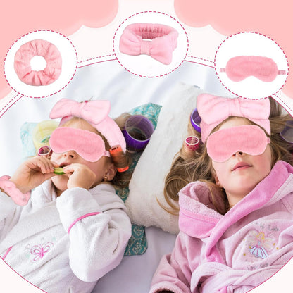 30 Pcs Spa Sleepover Party Supplies 6 Bow Makeup Headband 6 Pink Plush Sleep Eye Mask 6 Velvet Scrunchies 6 Makeup Remover Cloth 6 Clear Cosmetic Bags for Women Slumber Party Favors