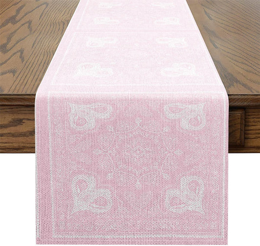 Pink White Damask Heart Table Runner European Baroque Style Table Runners for Kitchen Dining Room Exotic Luxurious Paisley Floral Dresser Runners for Home Party Decor 72x13 Inch