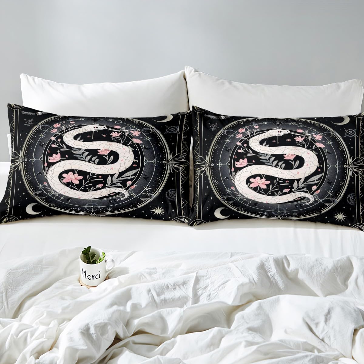 White Snake Bedding Set Twin Size Pink Peach Blossom Bed Set for Girls Teens Bedroom Decor Kids Boho Sun Moon Fitted Sheet Soft Microfiber Mysterious Snake Bed Cover(1 Fitted Sheet+1 Pillow Case)