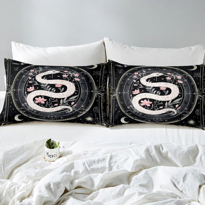 White Snake Bedding Set Twin Size Pink Peach Blossom Bed Set for Girls Teens Bedroom Decor Kids Boho Sun Moon Fitted Sheet Soft Microfiber Mysterious Snake Bed Cover(1 Fitted Sheet+1 Pillow Case)