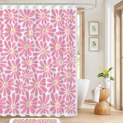 SHIYUE Pink Flower Shower Curtain, Cute Boho Floral Bathroom Decor, 180GSM Heavy Duty Waterproof Washable Fabric, with 12 Hooks 72x72 Inches
