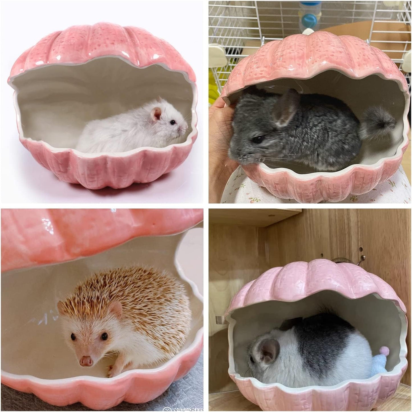 Small Animal Hideout Extra Large Ceramic Shell Shape Guinea Pig House Chinchilla Igloo Habitat Hut Cave Summer Bed Cage Accessories for Hedgehog Rabbit Hamster Gerbil Rat (XL (9.5''x7''x7.9''), Pink)