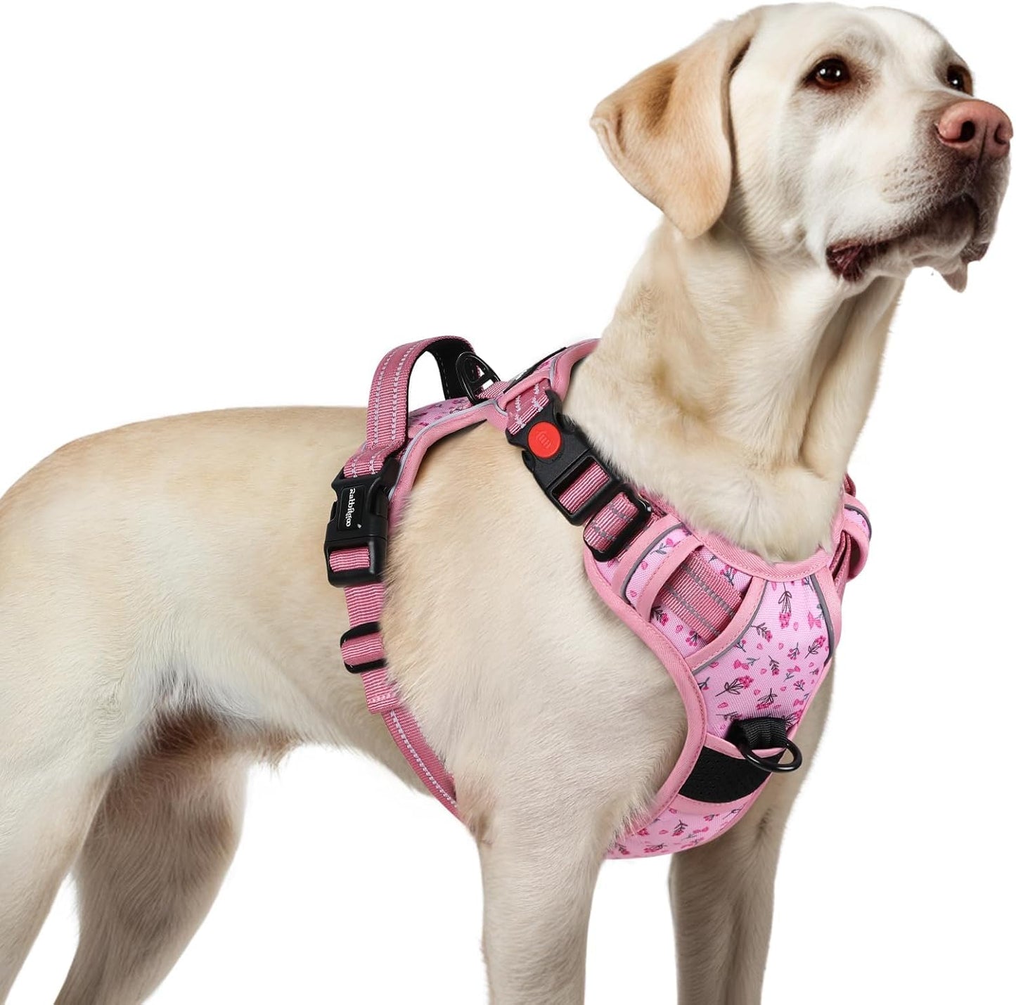 rabbitgoo Dog Harness for Large, No Pull Easy On & Off with 3 Buckles Pet Harness, Adjustable Soft Walking Vest with 2 Clips and Handle, Reflective for Large Dogs, Floral Pink, L
