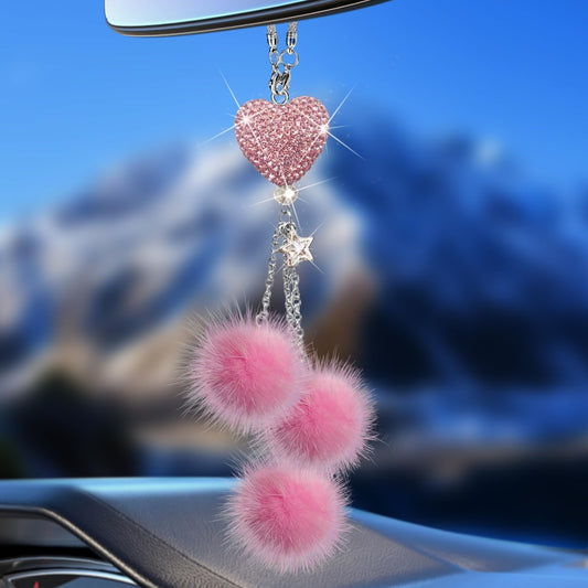 Pink Bling Car Accessories Interior for Women - Girly Crystal Car Rearview Mirror Decor, Cute Rinestones Diamond para Carro de Mujer, Vehicle Mirror Decor Love Heart [Fuzzy Plush Ball]