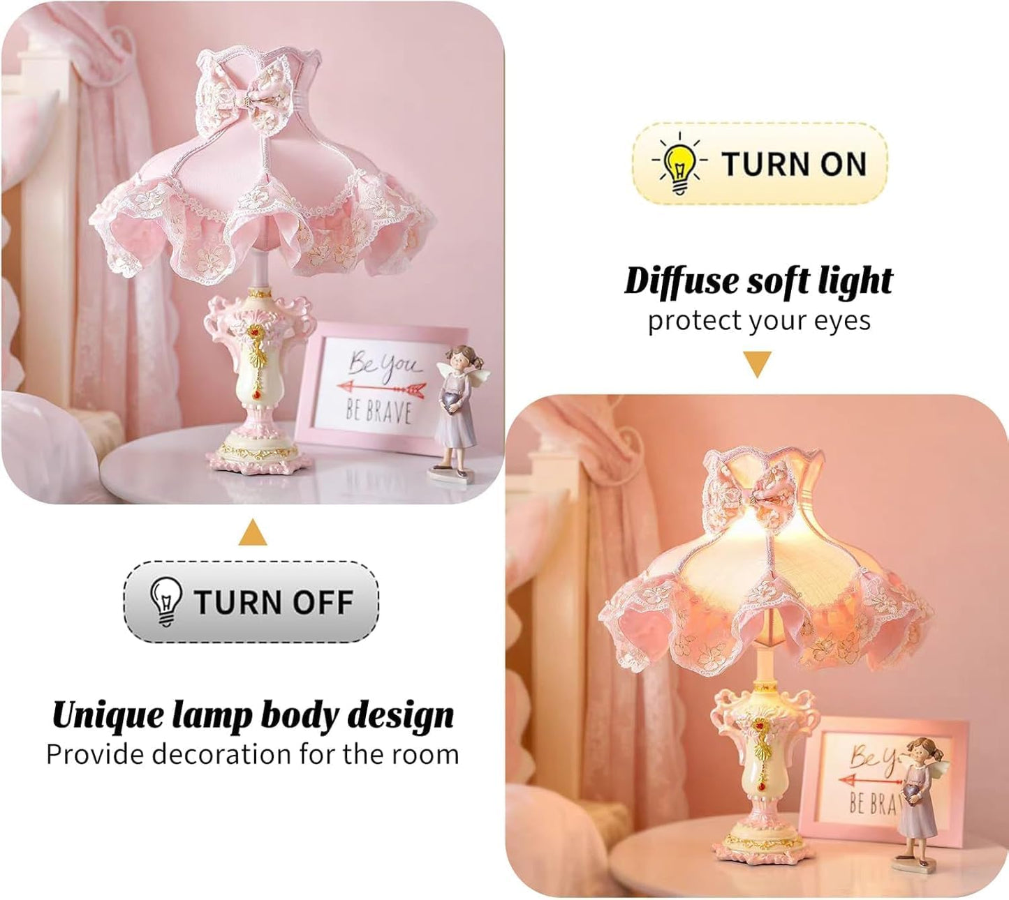 Pink Princess Table Lamp, Victorian Lace Bow Bedside Lamp with Soft Light, Resin Base Desk Lamp for Bedroom Vanity Nursery
