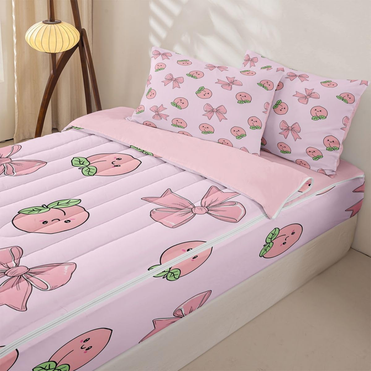 Erosebridal Bowknot Zipper Comforter Set Queen Peach Bedding Set Cute Cartoon Peaches Kawaii Pink Bow Bed in a Bag Fruit Princess Ribbon Bowtie Zippered Quilt Fitted Sheet,2 Pillowcases