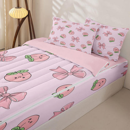 Erosebridal Bowknot Zipper Comforter Set Queen Peach Bedding Set Cute Cartoon Peaches Kawaii Pink Bow Bed in a Bag Fruit Princess Ribbon Bowtie Zippered Quilt Fitted Sheet,2 Pillowcases