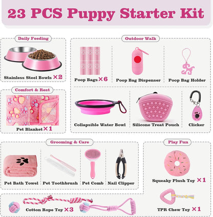 Puppy Supplies Starter Kit, Pink Puppy Essentials for Small Dogs | Bowls, toys, toothbrush, treat pouch and more in one pink puppy kit; ideal welcome home gift for small dogs and new puppies