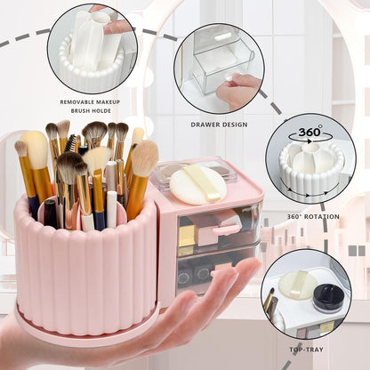 360 Rotating Makeup Organizer Countertop with 2 Drawers, Makeup Brush Holder, Small Preppy Organizer, 9.25x5.11 Inch, Pink