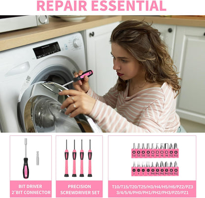 HANGYING 39 Piece Pink Tool Set for Women, All Purpose Household Hand Tool Kit with Plastic Storage Box, Small Tool kit for Home Garage Office College Dorm