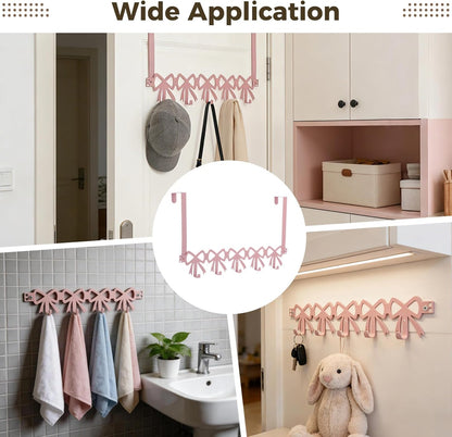 ZALIR Pink Bow Over the Door Hooks Hanger, Wall Mount Towel Rack with 5 Hooks, Metal Door Organizer for Towels Hats Clothes, Decorative Farmhouse Coquette Style Hook for Bedroom Bathroom