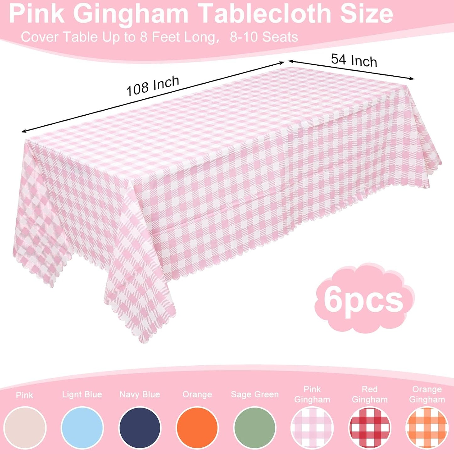 NatNarr 6 Pack Pink Gingham Tablecloths, 54 X 108Inch Scalloped Pink and White Checkered Table Cloth, Disposable Party Table Covers for Wedding Picnic Birthday Baby Bridal Shower Anniversay