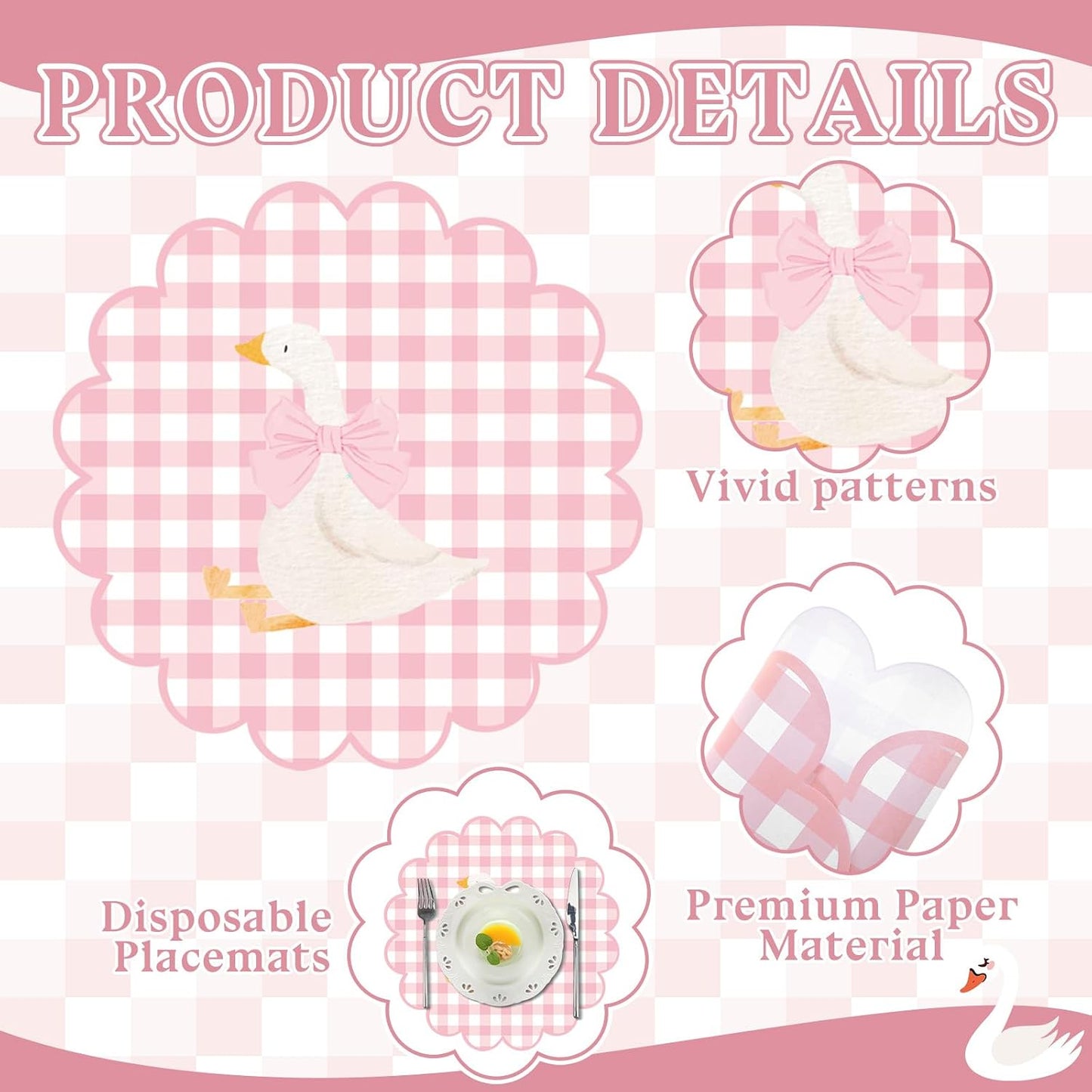 60 Pcs Gingham Placemat, 13.5 Inch Scalloped Paper PlaceMats Silly Goose Party Disposable Table Place Mats Decorative Paper for Baby Shower Gender Reveal Birthday Party(Pink)