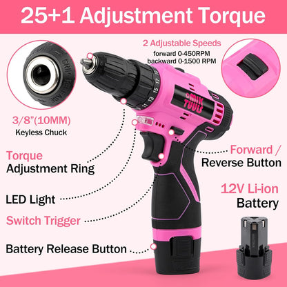 152PCS Home Tool Kit with 12V Cordless Drill, Pink