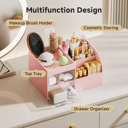 Makeup Organizer with 2 Drawers, Makeup Organizers Countertop for Vanity and Bathroom, Make up organization and Skincare Storage with Brush Holder, for Dresser, Desktop, Cosmetic Display Case (Pink)