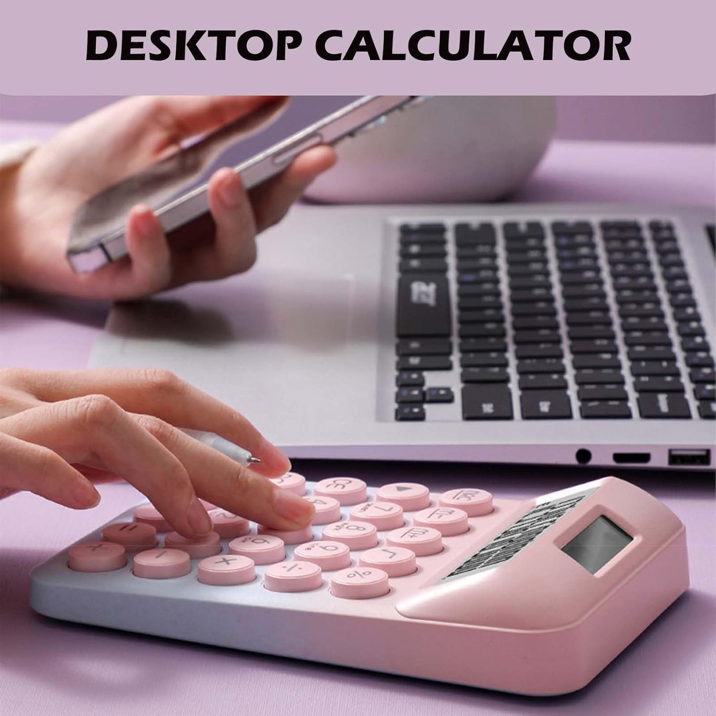 Large Button Calculator, Cute Gradient Desktop Calculator, 12 Digits, Large LCD Display, Dual Power Source, Solar and Battery, Perfect for Teachers Students Basic Office (Pink Blue)